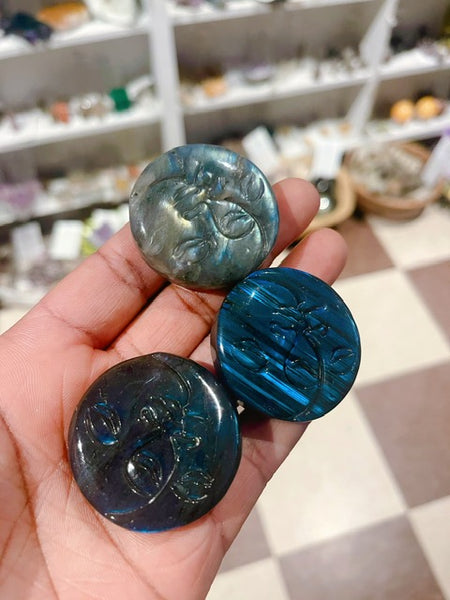 Hand Carved Labradorite Moon & Sun Goddess Pocket Stone