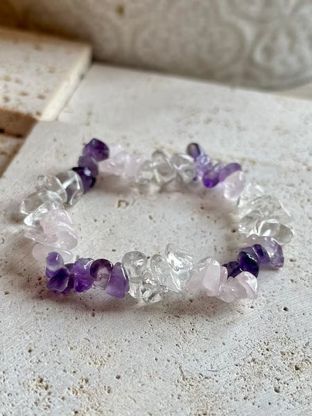 Amethyst, Rose Quartz & Clear Quartz Chip Bracelet