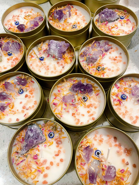 Amethyst or Fluorite Crystal Wildflower Evil Eye Protection Candle 🧿