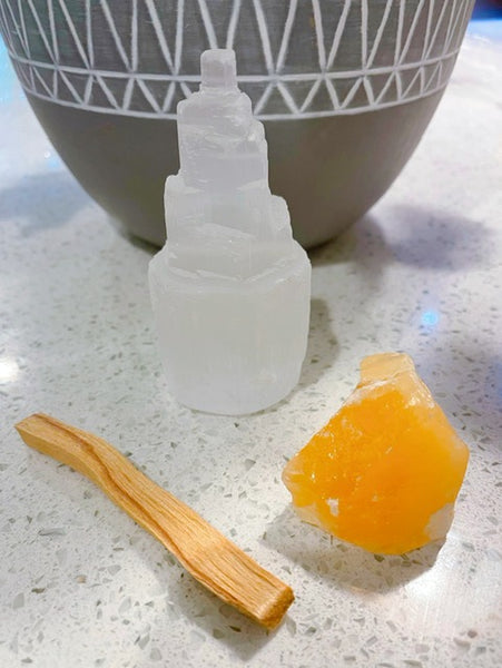 Selenite Tower, Orange Calcite & Palo Santo Creativity & Positive Energy Kit