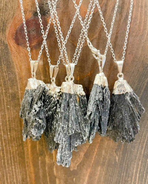Silver-Plated Rough Black Kyanite Necklace