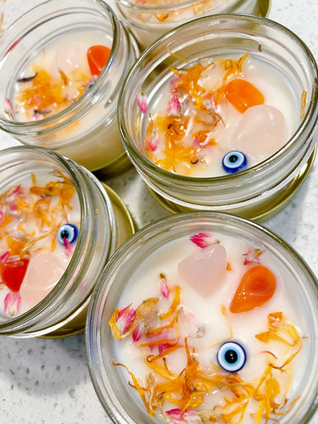 Wildflower Evil Eye Protection Carnelian & Rose Quartz Crystal Candle 🧿
