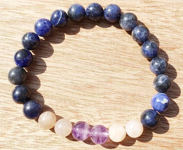 Rare Sodalite Peach Moonstone & Amethyst Bracelet