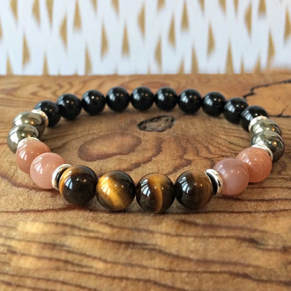 Peach Moonstone Black Onyx Pyrite Tiger Eye Bracelet